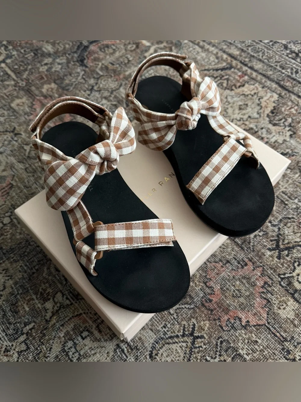 Loeffler Randall Maisie Brown and Cream Gingham Bow Sandals